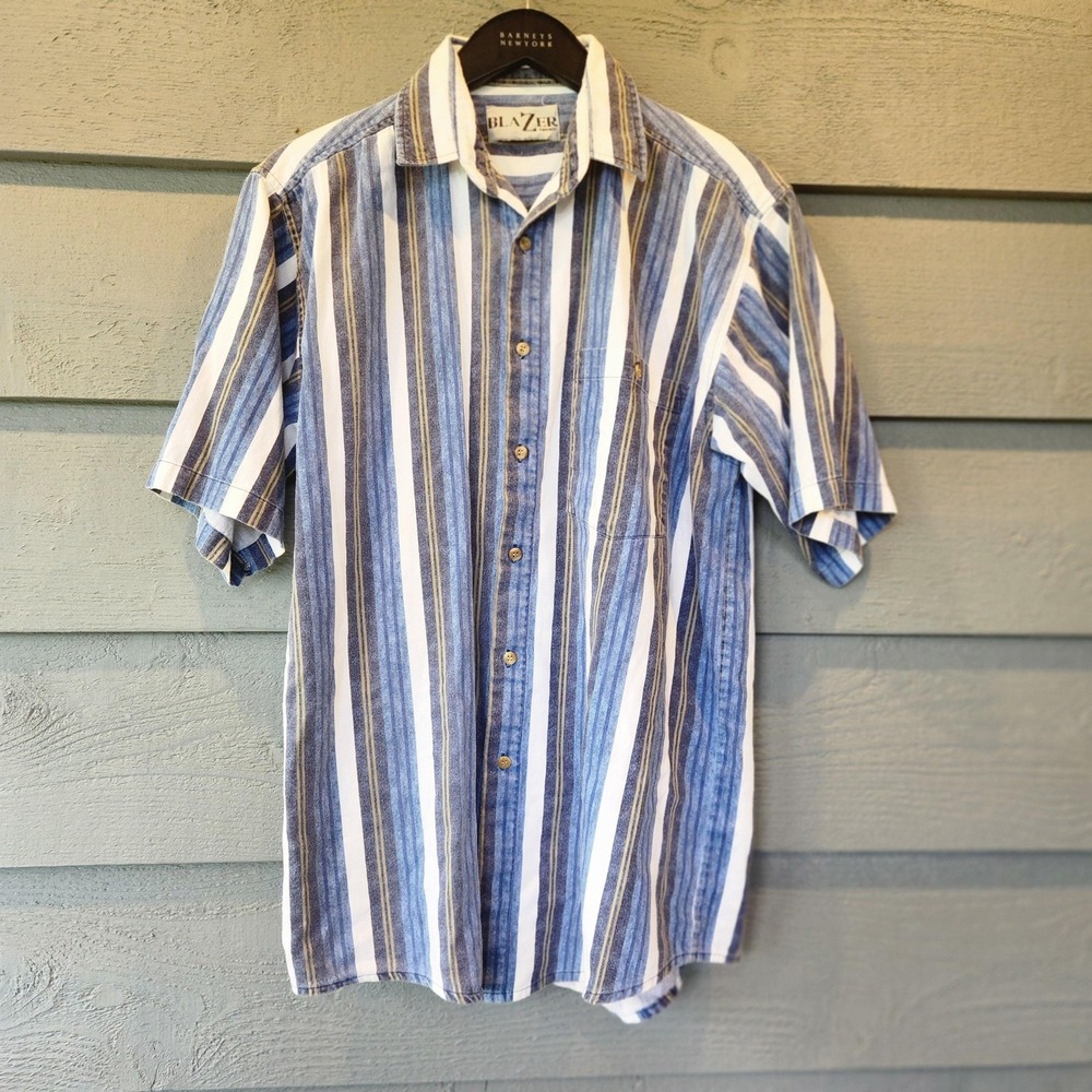 VTG Blazer Shirt Mens XL Blue Stripe Short Sleeve Button Up Casual Cotton Pocket